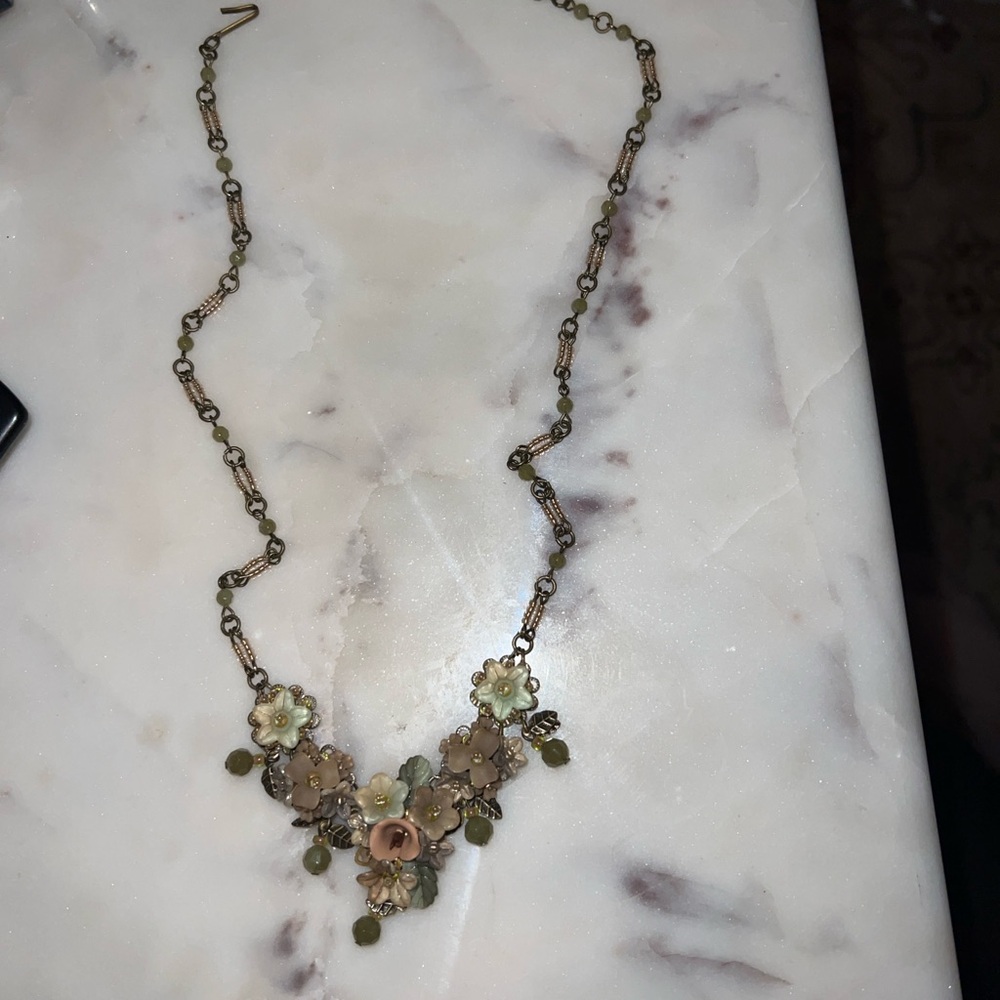 Vintage-Inspired Floral Necklace with Green and neutral tones